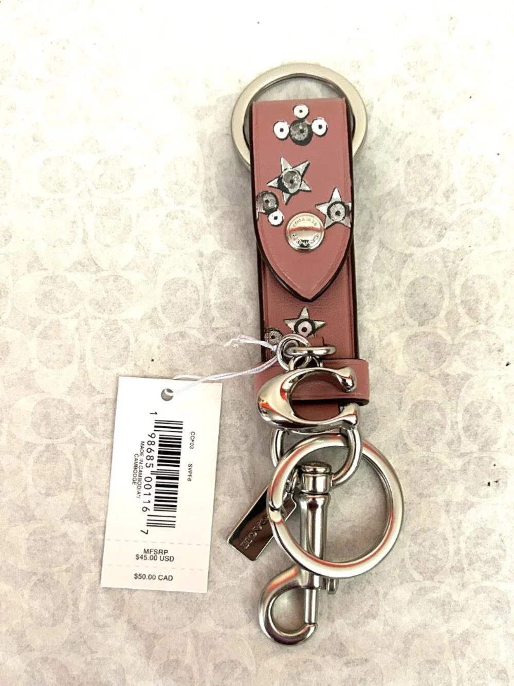 NWT Coach Pink Star Print Trigger Snap Key Ring, CCF03
